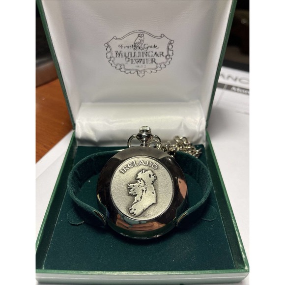 MULLINGAR PEWTER IRELAND Themed Round Quartz Pewter Pocket Watch Japan W/Case - Picture 1 of 4